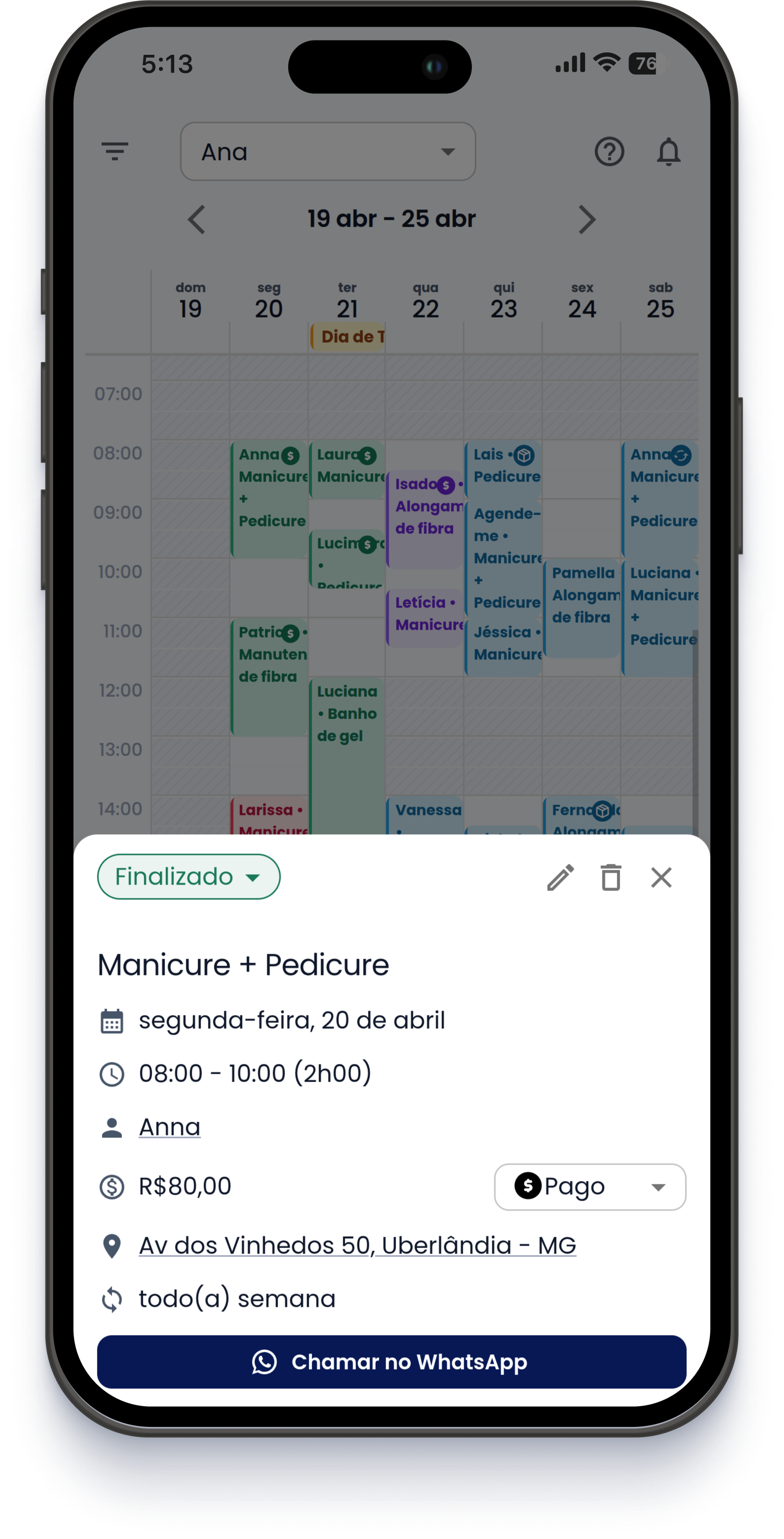 Detalhes do agendamento com status, valor, pagamento, horário e endereço